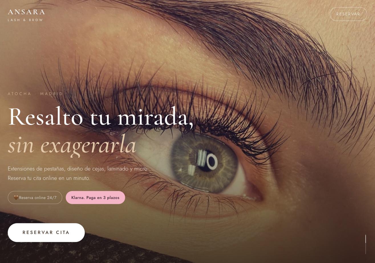 Página de reservas de un centro de estética con pago Klarna